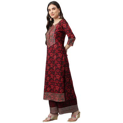 idaLia Maroon Printed Cotton Kurta Set