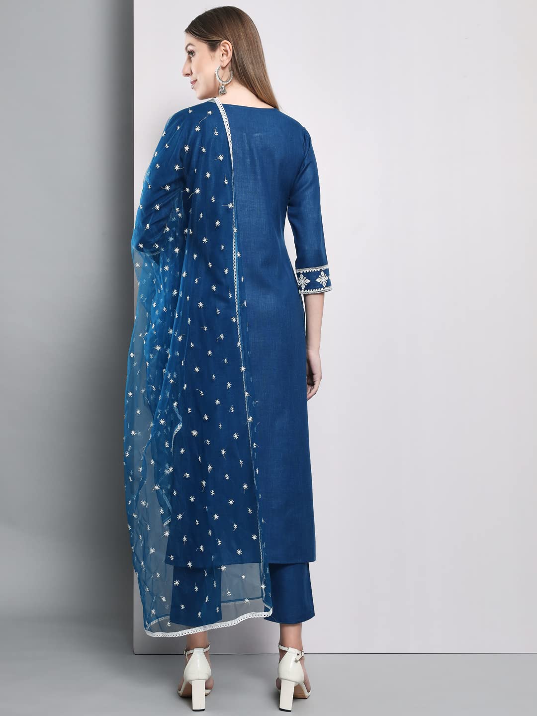ANNI DESIGNER Women's Cotton Blend Embroidered Straight Kurta with Pants & Dupatta (KURUPAM)