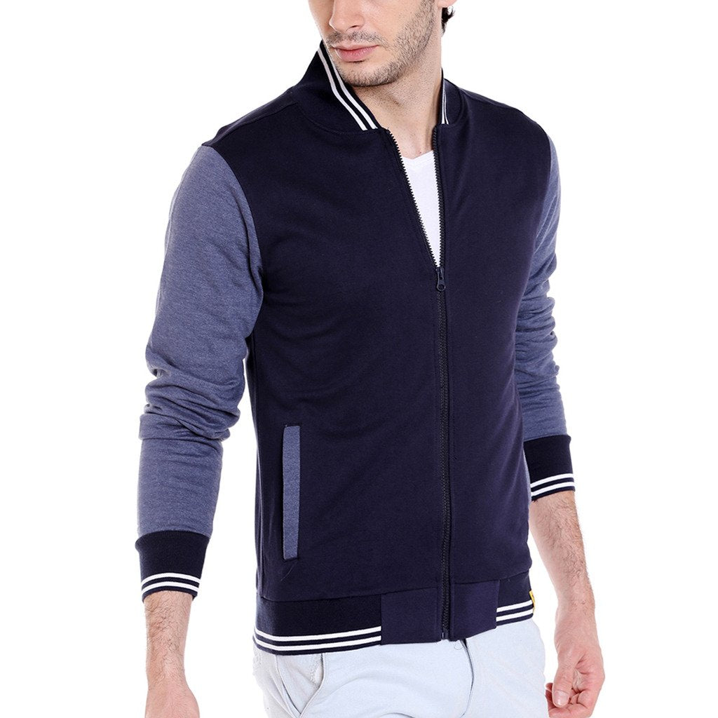 Campus Sutra Mens Black & Grey Solid Regular Fit Cotton Varsity Jacket for Winter Wear | Low-Cut Standing Collar | Full Sleeve