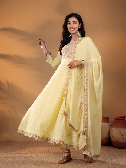 VARANGA Women Schiffli Thread Work Embroidered Anarkali Kurta with Solid Bottom & Dupatta ?Intricate Design, Comfortable Cotton Fabric, Stylish and Coordinated Look for Various Occasions