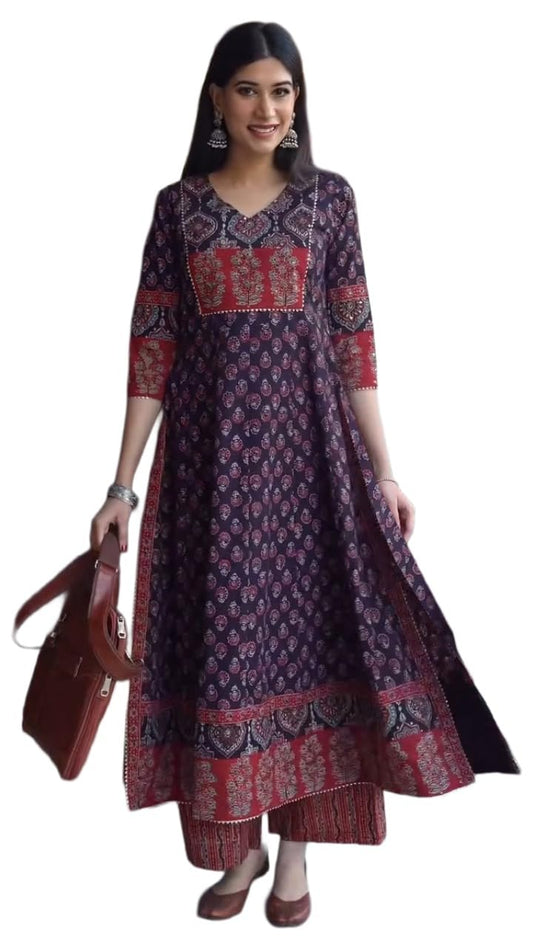 ANNI Designer Womens Viscose Blend Printed A-Line with Side Slit Kurta with Palazzo (Adisri Begani_XXL_Begani_XX-Large)