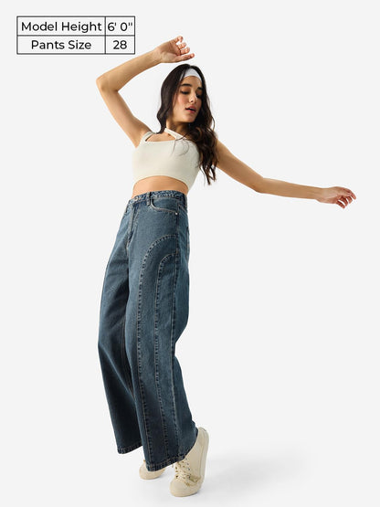 The Souled Store Spruce Women & Girls Solid Oversized Wide Leg Fit Baggy Mid Rise Cotton Blue Jeans