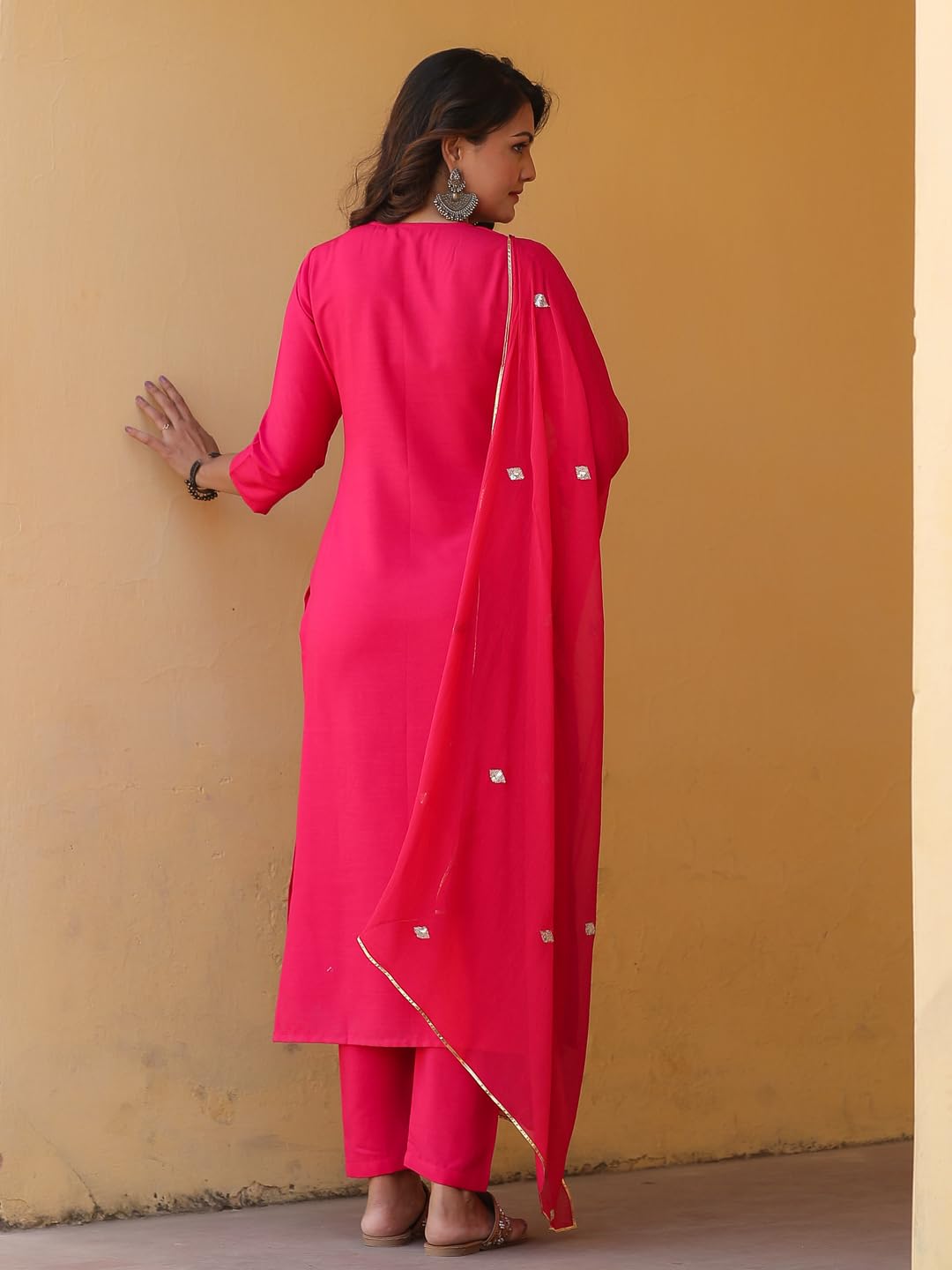 GoSriKi Women's Kurta Set with Trousers & Dupatta, XL, Pink - Model Kasturi-Clrs-Nw-GS