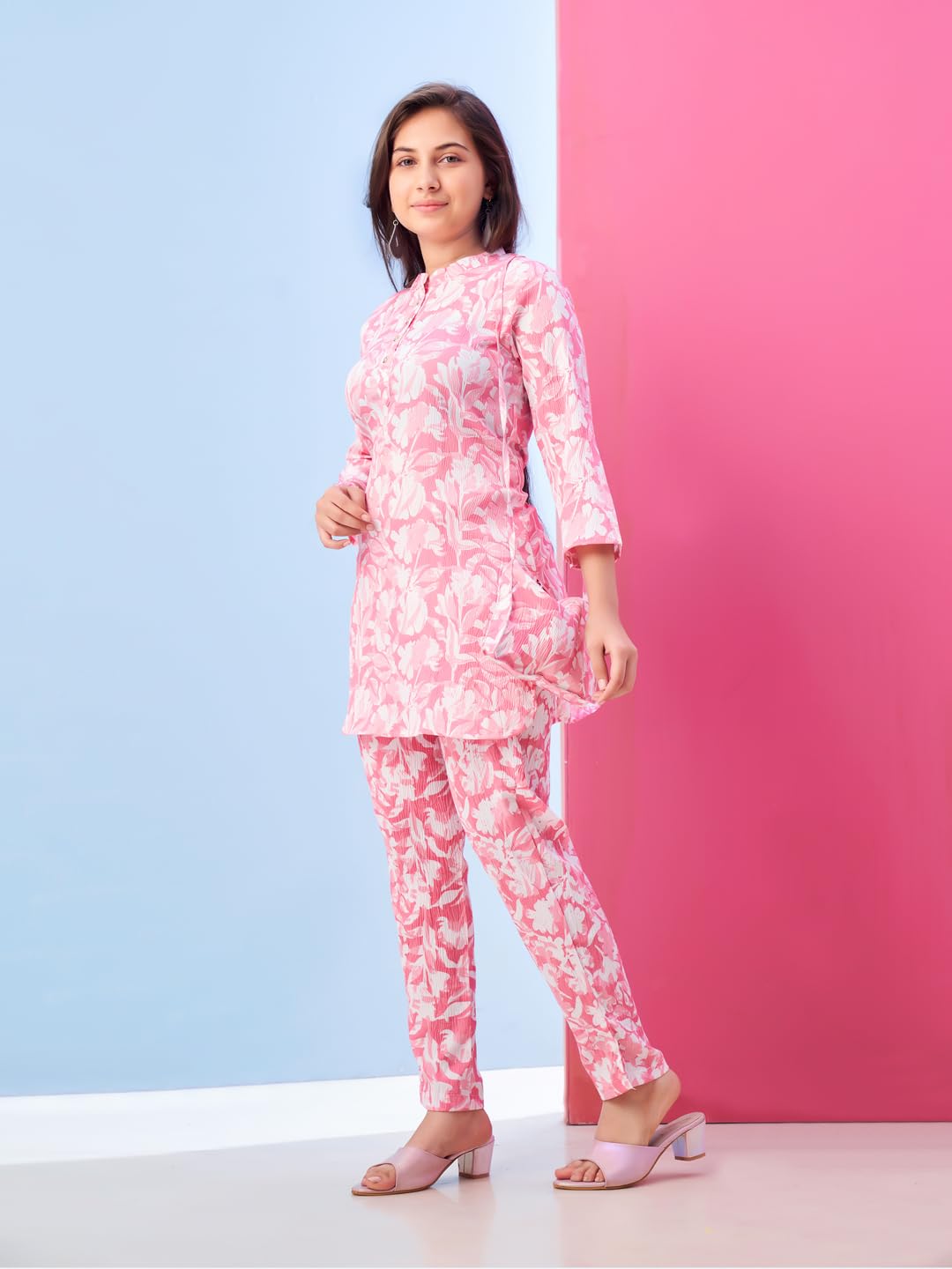 Aarika Girls Casual Wear Pink Colour Floral Print Polyester Co-ord Set-8-15 Years (KP-TR-K-967)
