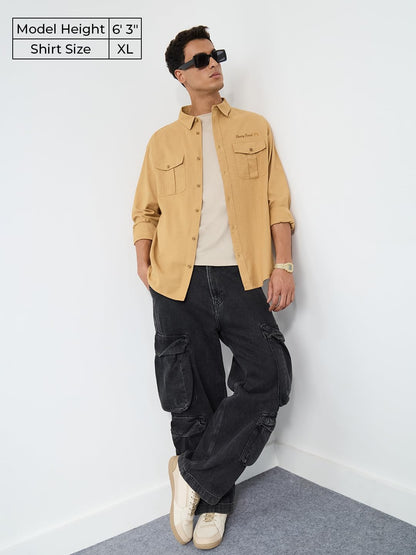 The Souled Store Cotton Linen: Chasing Sunset Men and Boys Long Sleeves Collared Neck Button Front Beige Embroidered Regular Fit
