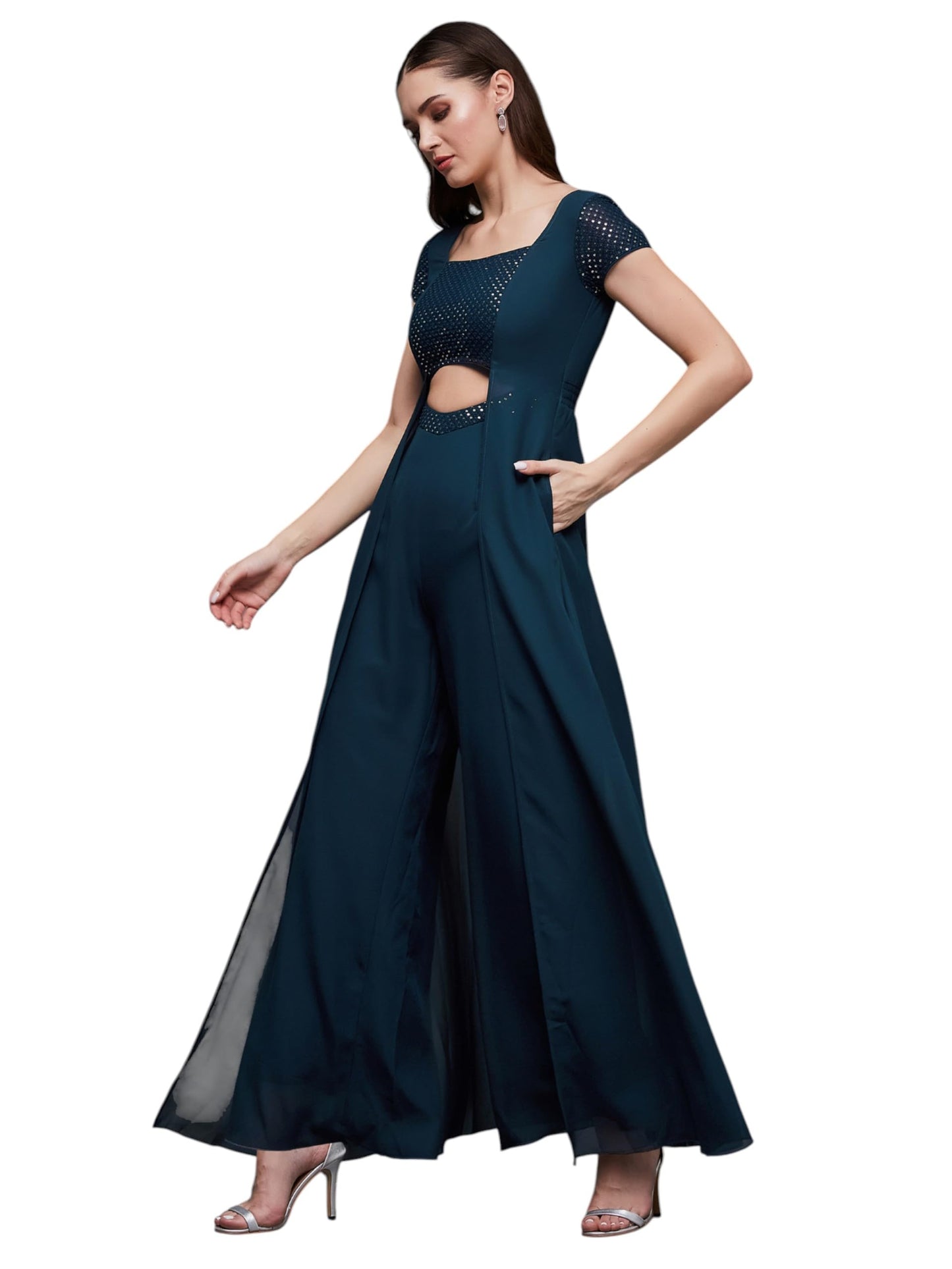 Miss Chase Womens Square Neck Short Sleeve Cut Out Relaxed Fit Regular Jumpsuit (MCSS25D91-84-83-06, Teal, XL)
