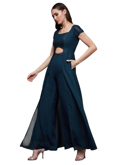 Miss Chase Womens Square Neck Short Sleeve Cut Out Relaxed Fit Regular Jumpsuit (MCSS25D91-84-83-06, Teal, XL)