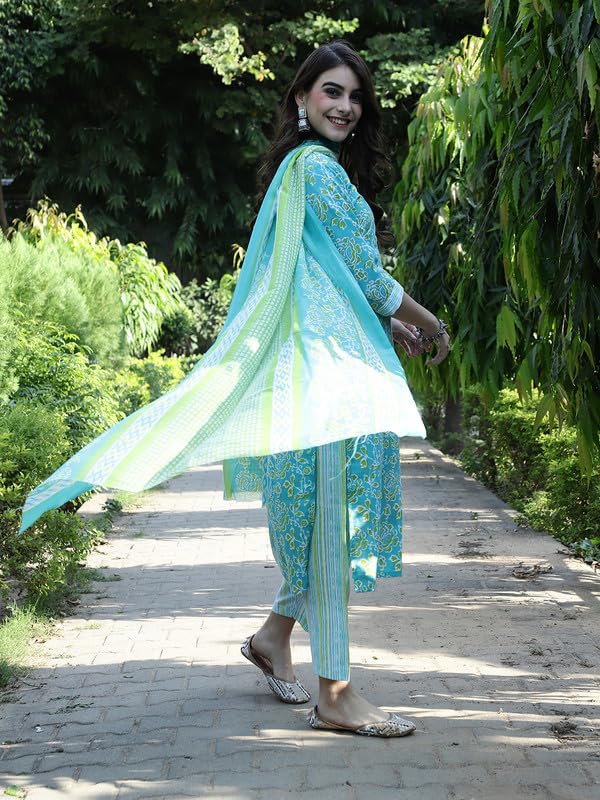 Pinkmint Salwar Suit For Women Cotton Flower Printed Kurta & Straight Pant With Dupatta