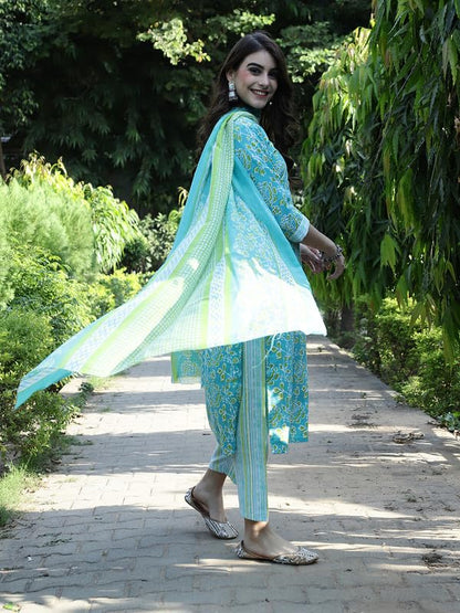 Pinkmint Salwar Suit For Women Cotton Flower Printed Kurta & Straight Pant With Dupatta