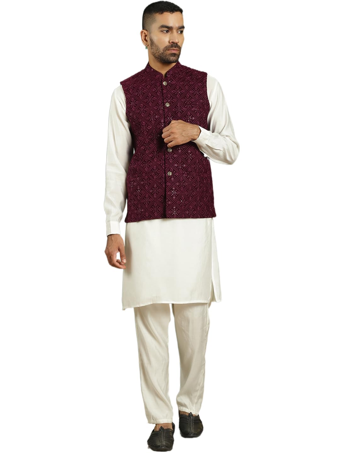 Jompers Mens Velvet Nehru Jacket With Solid Kurta Pyjama Set