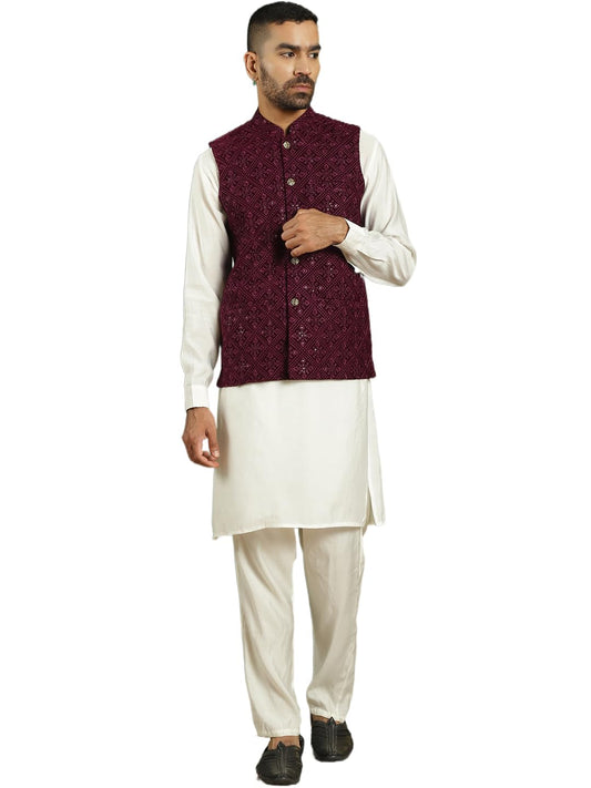 Jompers Mens Velvet Nehru Jacket With Solid Kurta Pyjama Set