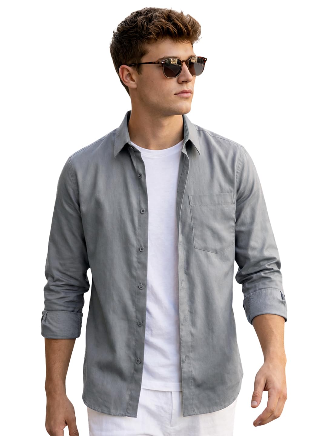 Bewakoof MenS Solid Regular Fit Full Sleeve Collar Cotton Shirt_1500978_Grey_Xl