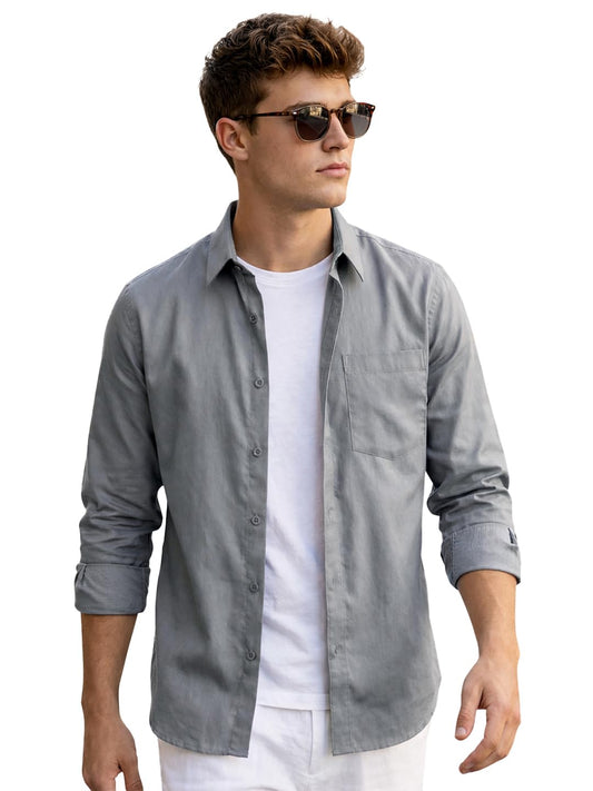 Bewakoof MenS Solid Regular Fit Full Sleeve Collar Cotton Shirt_1500978_Grey_Xl