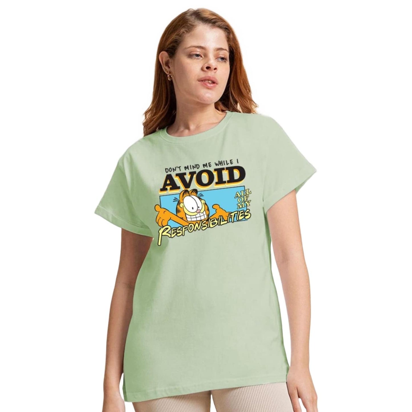 Bewakoof X Official Garfield Merchandise Womens Avoiding Responsibilities Graphic Print 100% Cotton T-Shirt - Boyfriend Fit, Ro