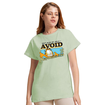 Bewakoof X Official Garfield Merchandise Womens Avoiding Responsibilities Graphic Print 100% Cotton T-Shirt - Boyfriend Fit, Ro