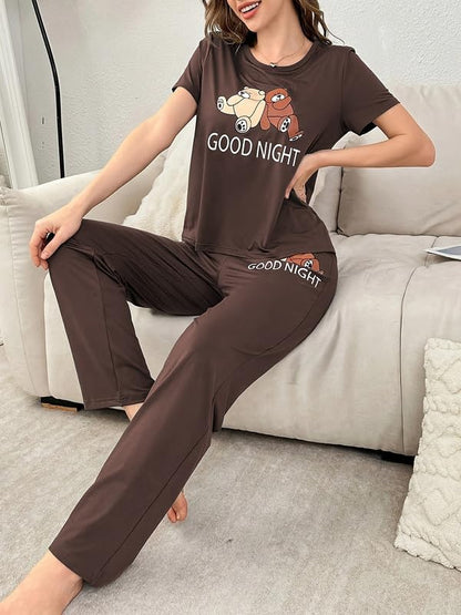 SMOWKLY Womens Premium Cotton Blend Cute Print Two Piece Pj Sleepwear Co-ord Set || Stylish Top with Pajama Pant Comfy Loungwea