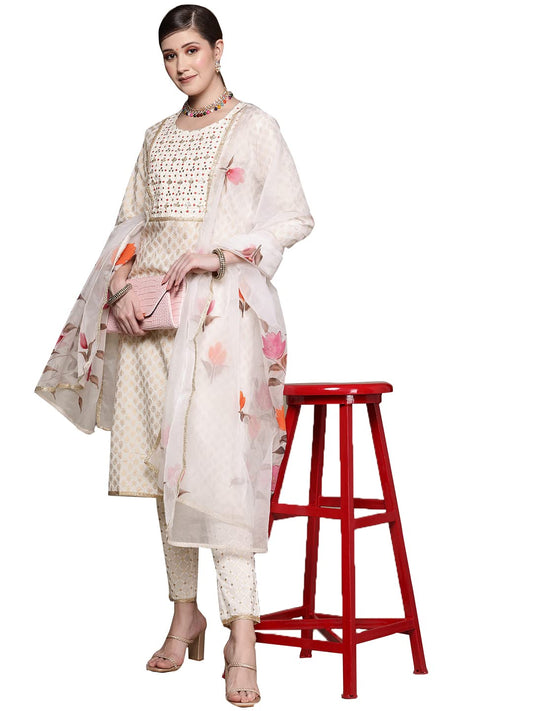ishin Cotton Blend Women's Embroidered Staright Kurta Set With Trouser And Dupatta