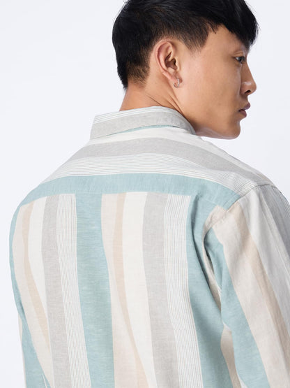 The Souled Store Cotton Linen Stripes: Prism Men and Boys Long Sleeve Collared Neck Button Front Regular Fit Cotton Linen Shirt
