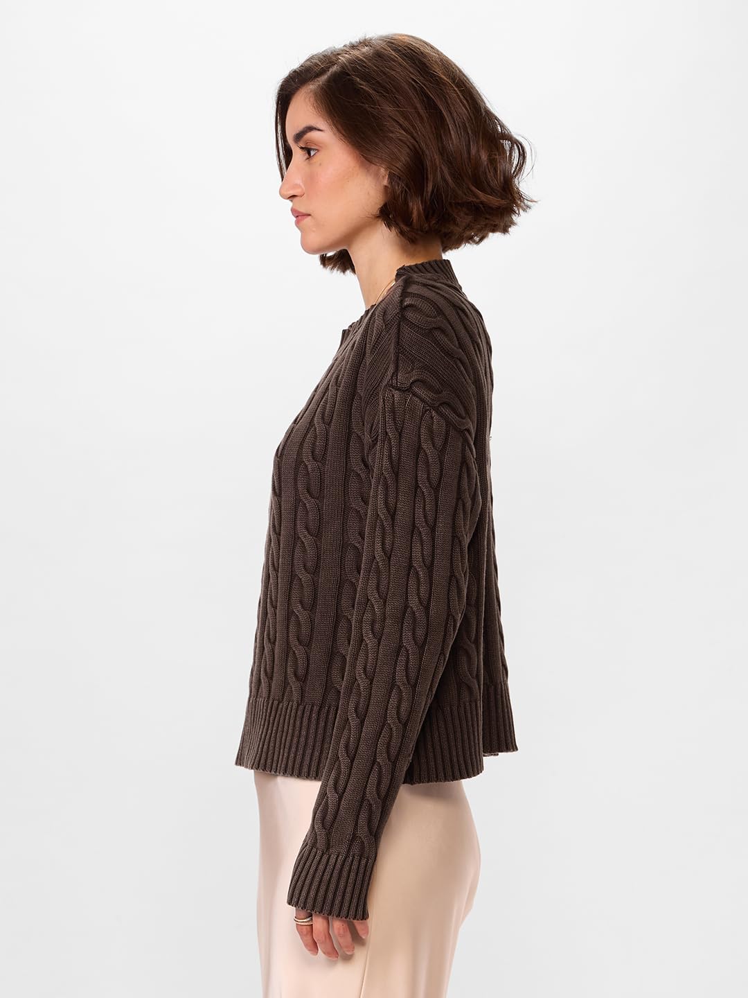 The Souled Store Cable Knit Sweater Originals: Mocha Women Oversized Sweater