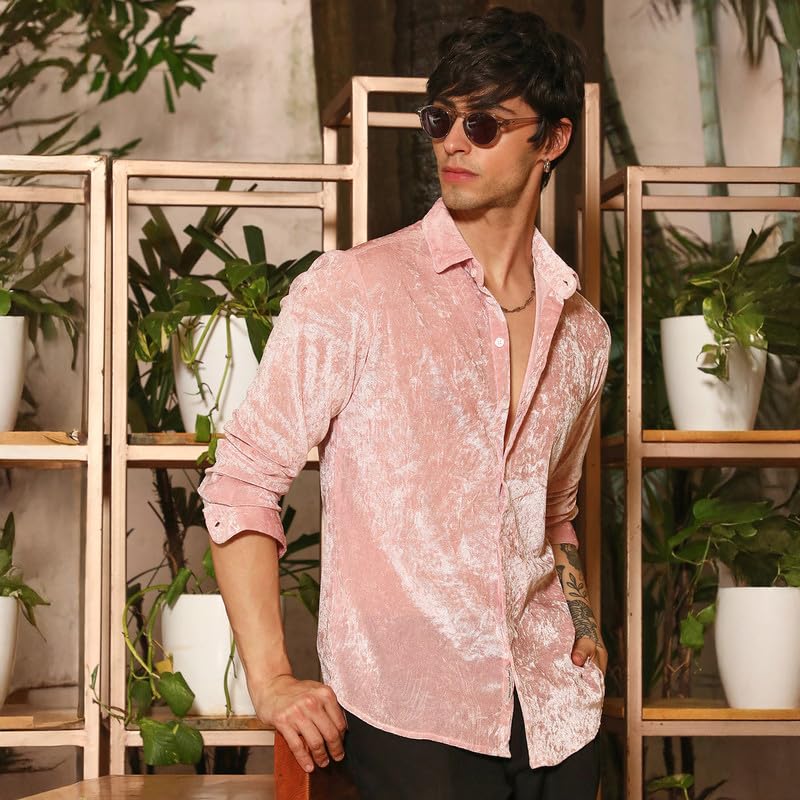 Campus Sutra Mens Blush Pink Solid Velvet Shirt for Casual Wear | Spread Collar | Long Sleeve | Button Closure | Shirt Crafted