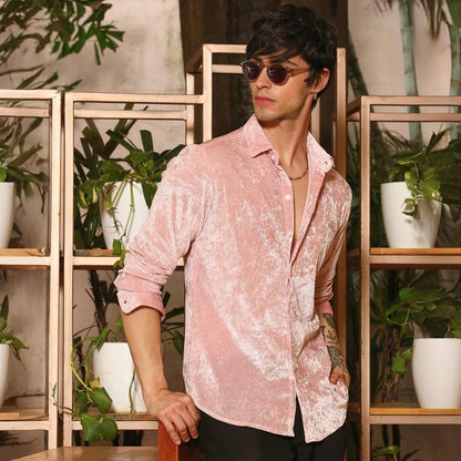 Campus Sutra Mens Blush Pink Solid Velvet Shirt for Casual Wear | Spread Collar | Long Sleeve | Button Closure | Shirt Crafted
