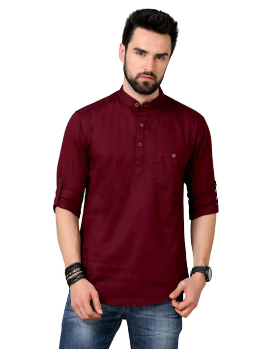 Deemoon MenS Cotton Blend Full Sleeve Short Kurta With Mandarin Collar Crafted From A Premium Cotton Blend Maroon