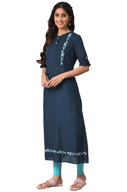Aurelia Women's Cotton Blend Relaxed Fit A Line A-Line Solid Kurta in Band Collar
