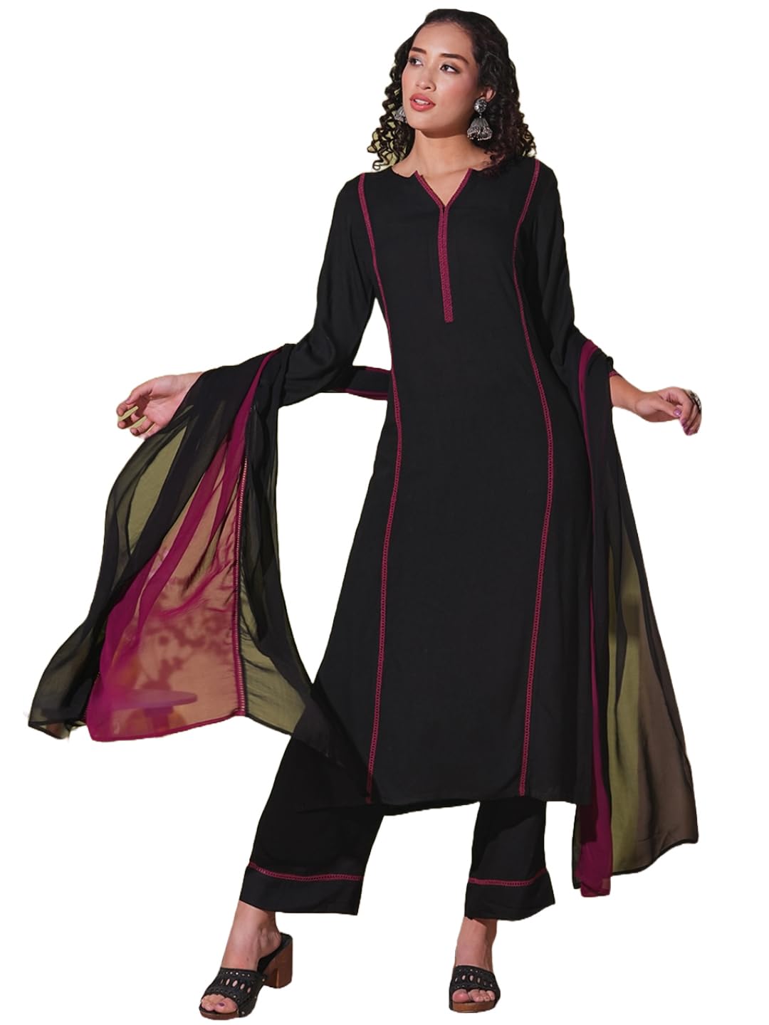 ANNI DESIGNER Women s Plain Rayon Viscose Kurta with Trousers and Dupatta, Black, 40