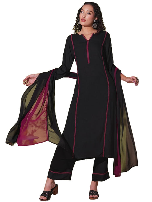 ANNI DESIGNER Women s Plain Rayon Viscose Kurta with Trousers and Dupatta, Black, 40