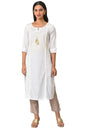 Aurelia White Self-Design Cotton Straight Long Kurta For Women