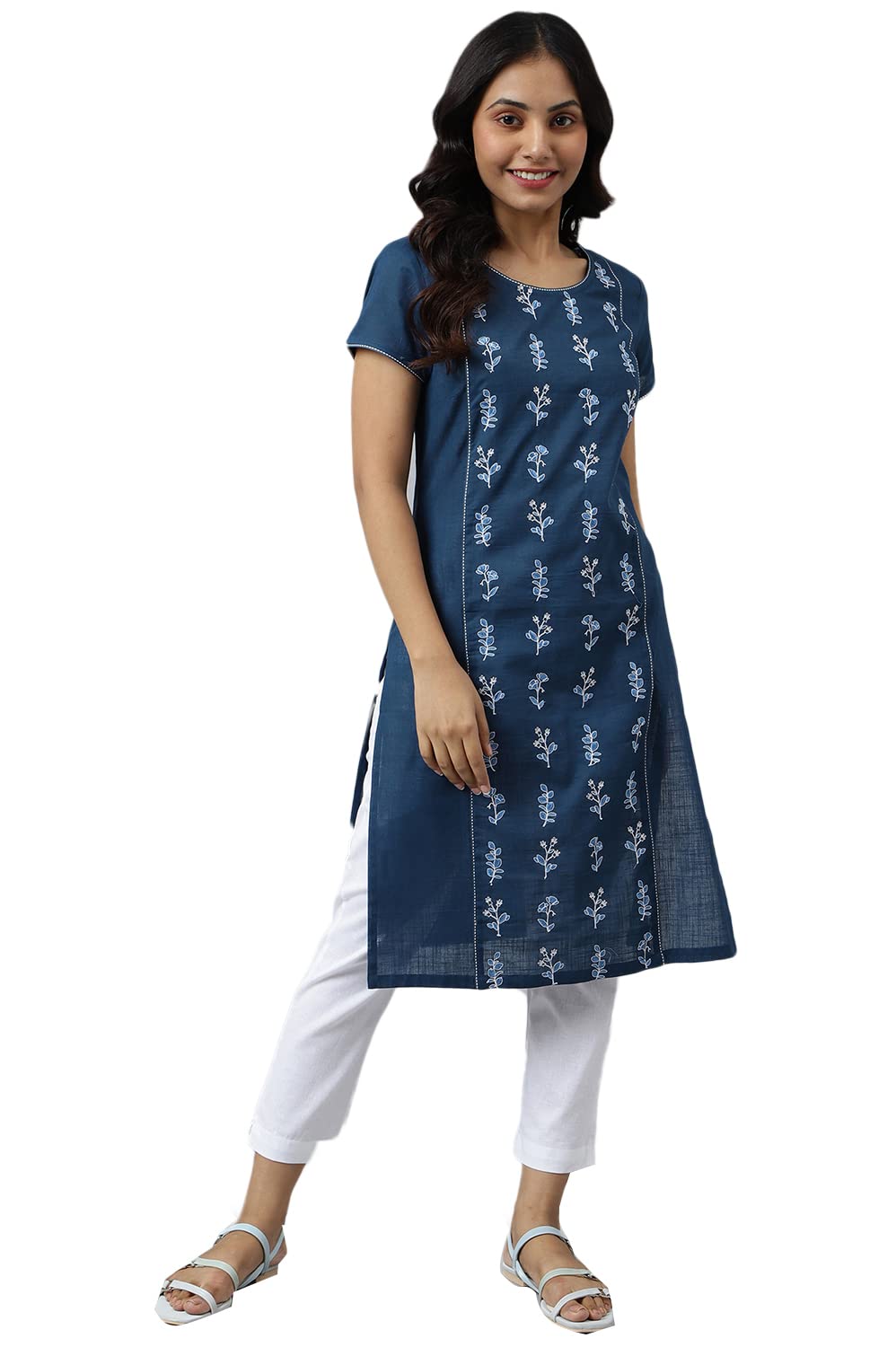 Aurelia WomenS Embroidered Regular Blue Cotton Kurta