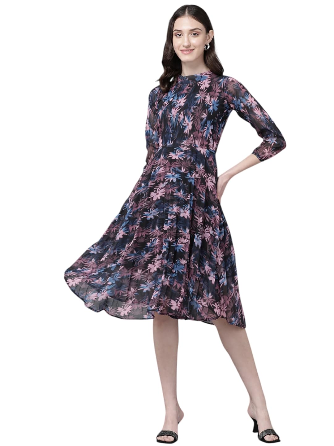 Aarika Women's Georgette Skater Knee-Length Dress (DR-A-W-509_Black_S)