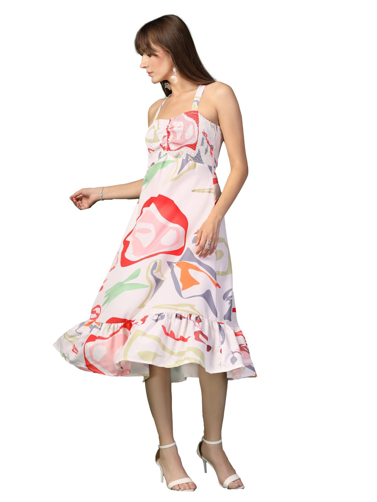 Oomph! WomenS Western & Fusion Wear Printed Crepe Dress For Women, Smocked Bodice, White - Md1053