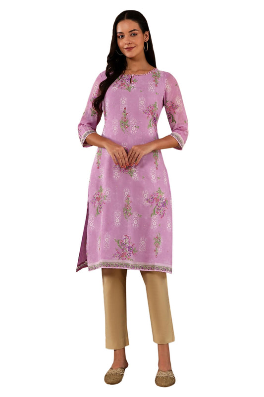 W Purple Floral Printed Synthetic Regular Sequin Kurta For Women