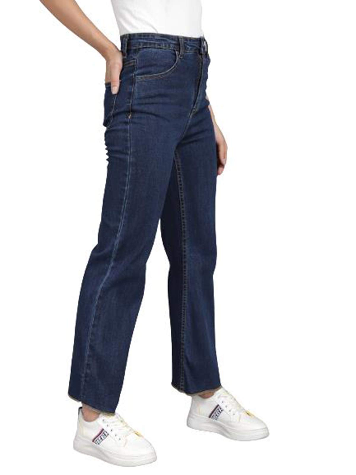 Kotty WomenS High Rise Flared Fit Cotton Lycra Jeans Dark Blue