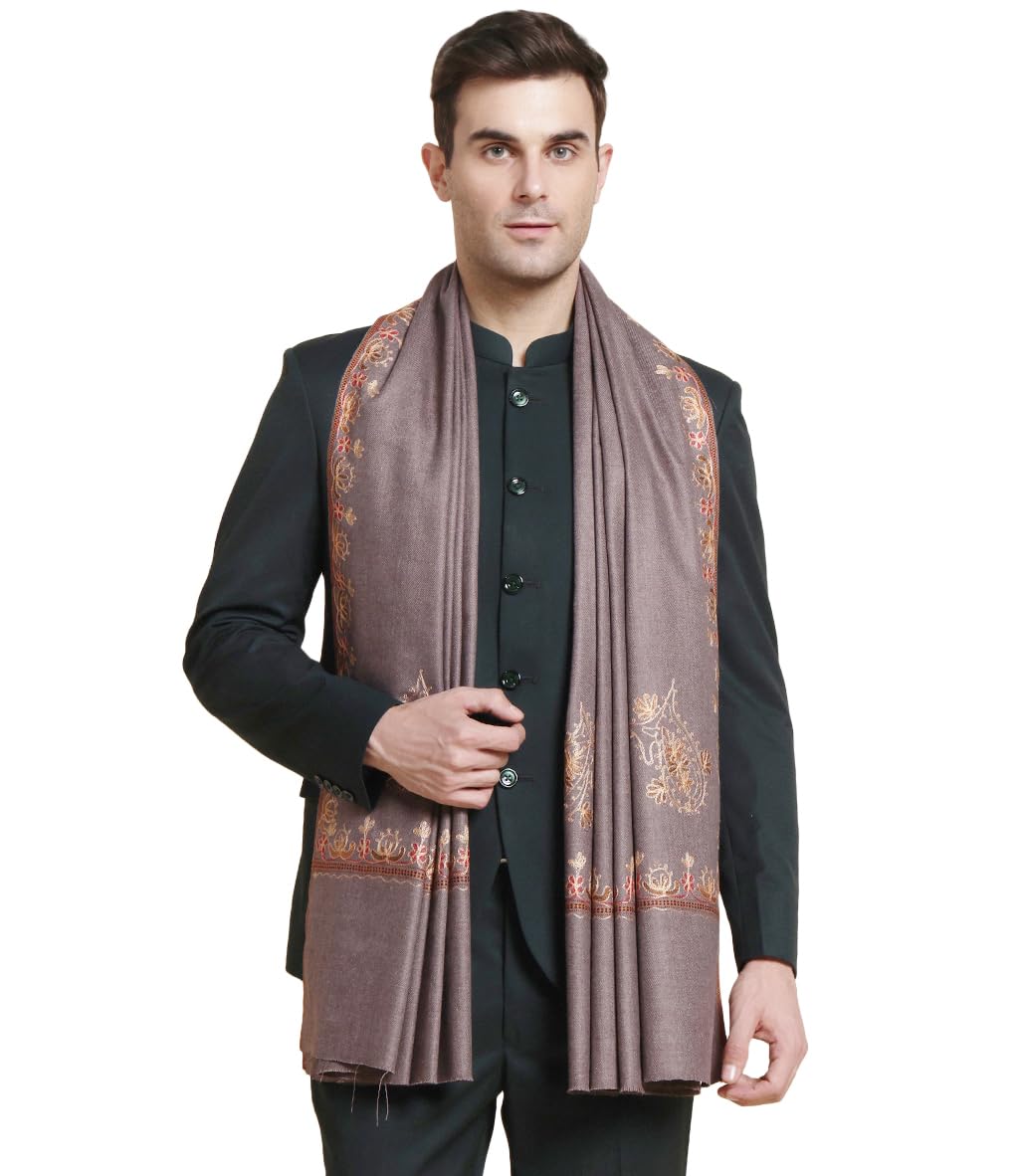Weavers Villa Mens Acro Wool Blend Hand Embroidery Threadwork Shawl - Handloom Paisley - Stoles for Men - Gents Shawls - Soft &