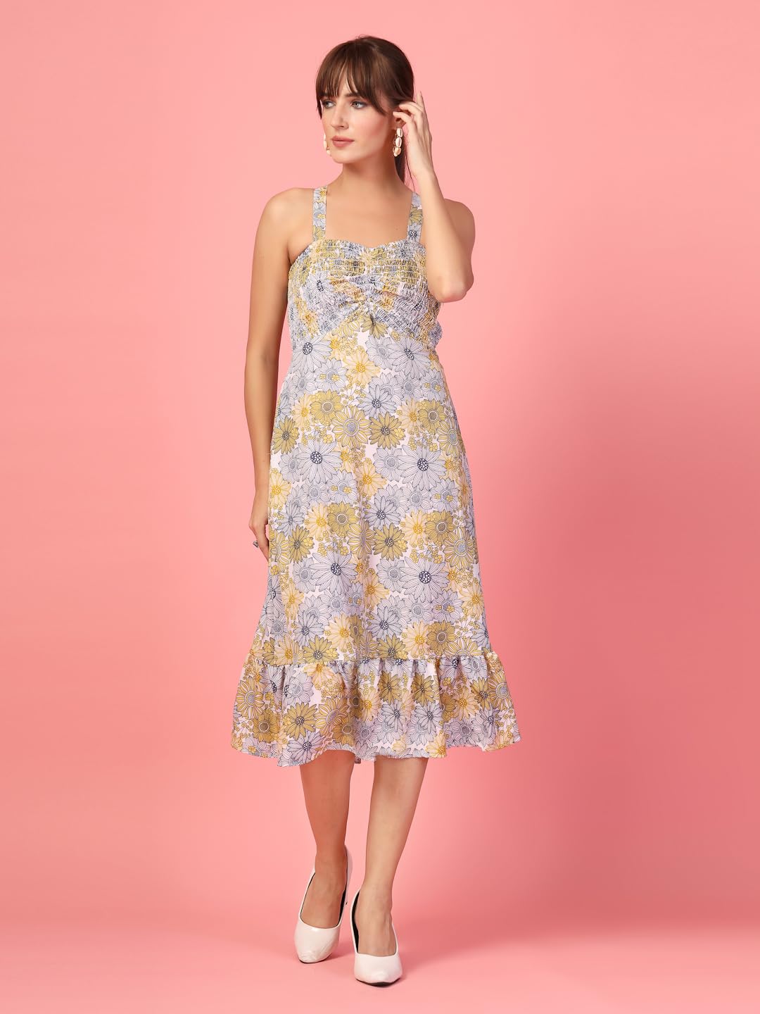 Oomph! WomenS Western & Fusion Wear Printed Crepe Dress For Women, Smocked Bodice, Yellow - Md1060