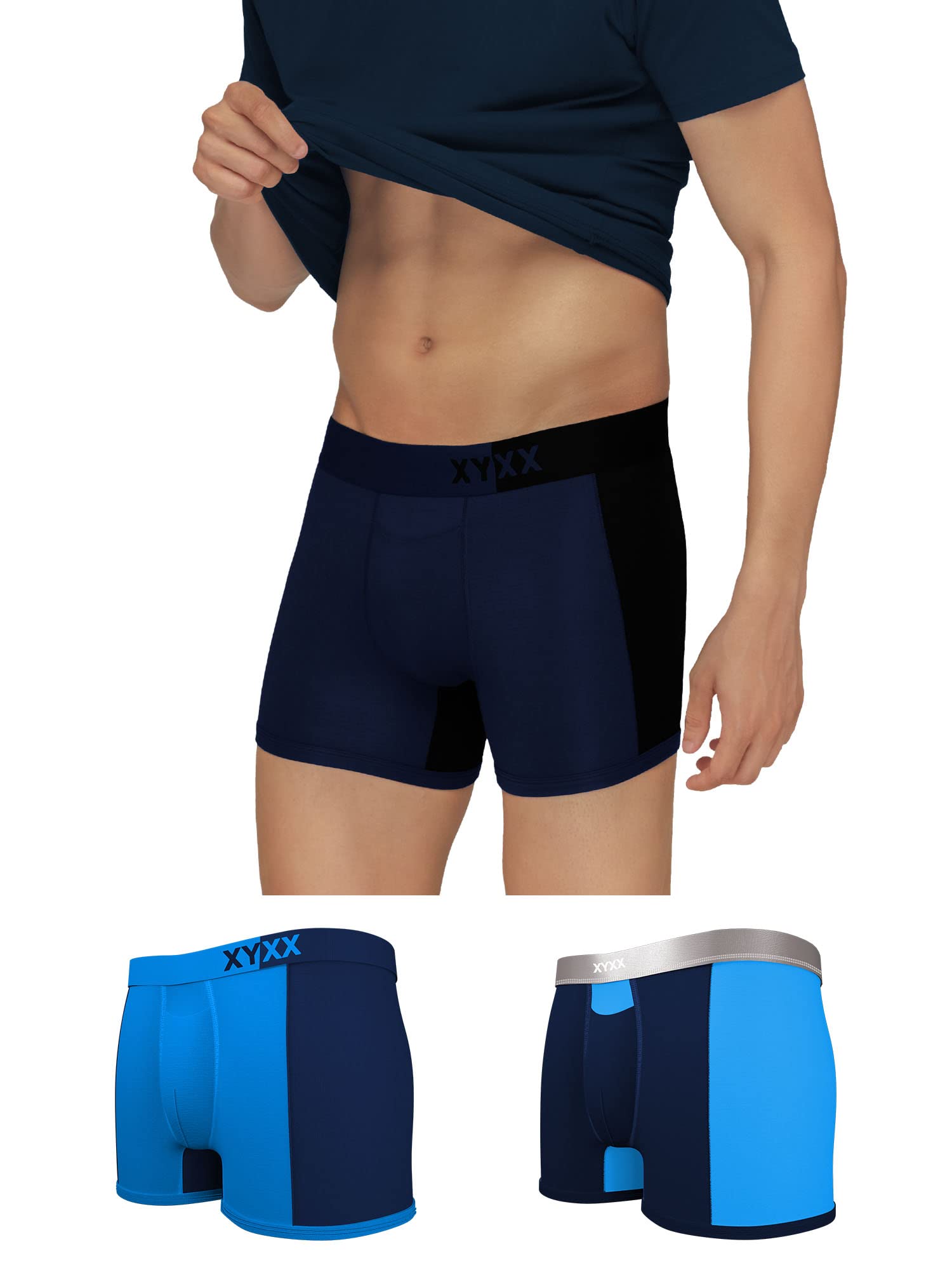 XYXX Mens Underwear Dualist IntelliSoft Antimicrobial Micro Modal Trunk Pack of 3 (Black Iris & Black ; Brilliant Blue & Black
