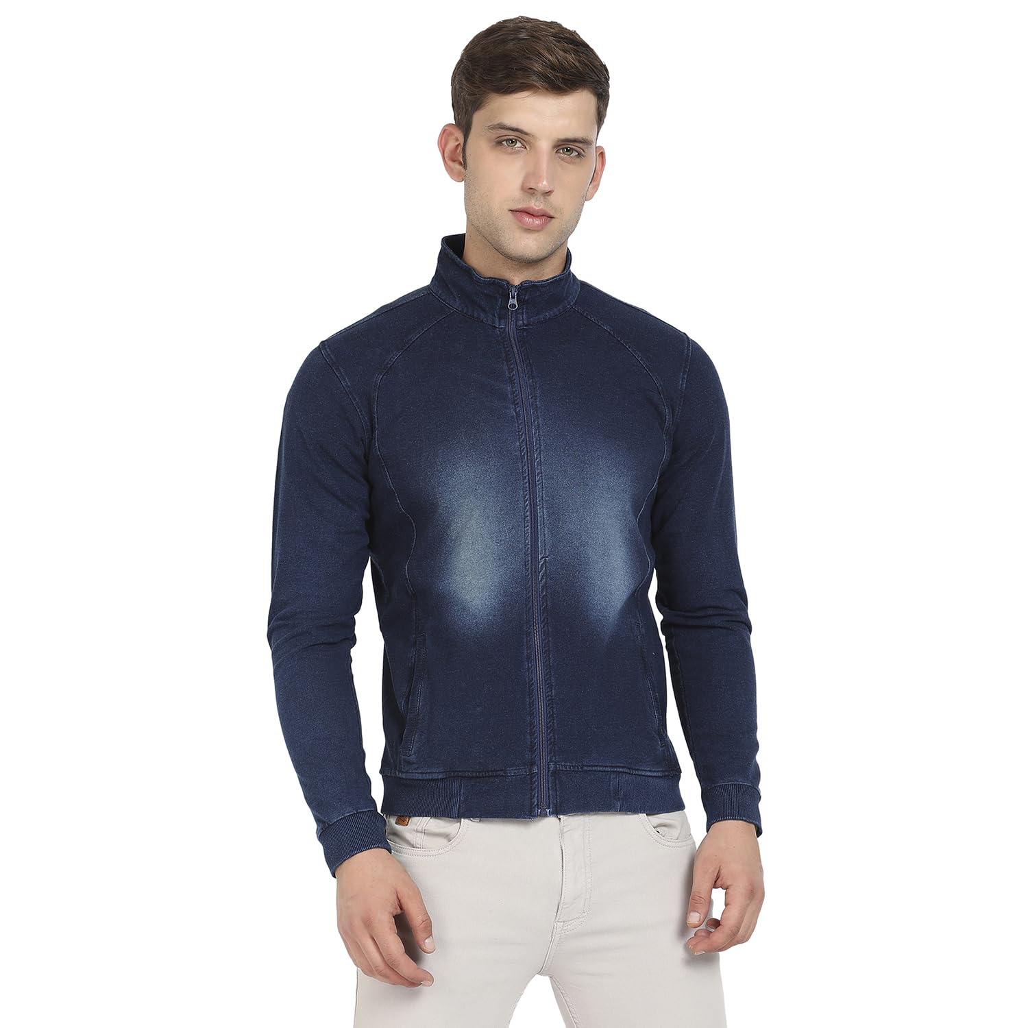 Campus Sutra Mens Navy Blue Zip-Front Dark-Wash Denim Jacket For Casual Wear | High Neck | Long Sleeve | Zipper Closure | Cotto