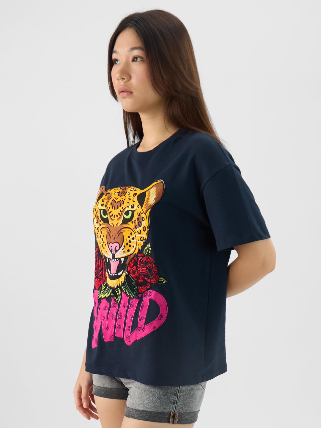 The Souled Store Wild Women and Girls Short Sleeves Round Neck Applique Patch Cotton Oversized T-Shirts Blue