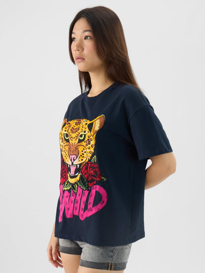 The Souled Store Wild Women and Girls Short Sleeves Round Neck Applique Patch Cotton Oversized T-Shirts Blue