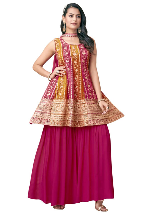 Xomantic Fashion Heavy Red Designer Gharara Suit For Wedding, Reception, Party And Festivals Salwar Kameez Dupatta Set (In, Alph