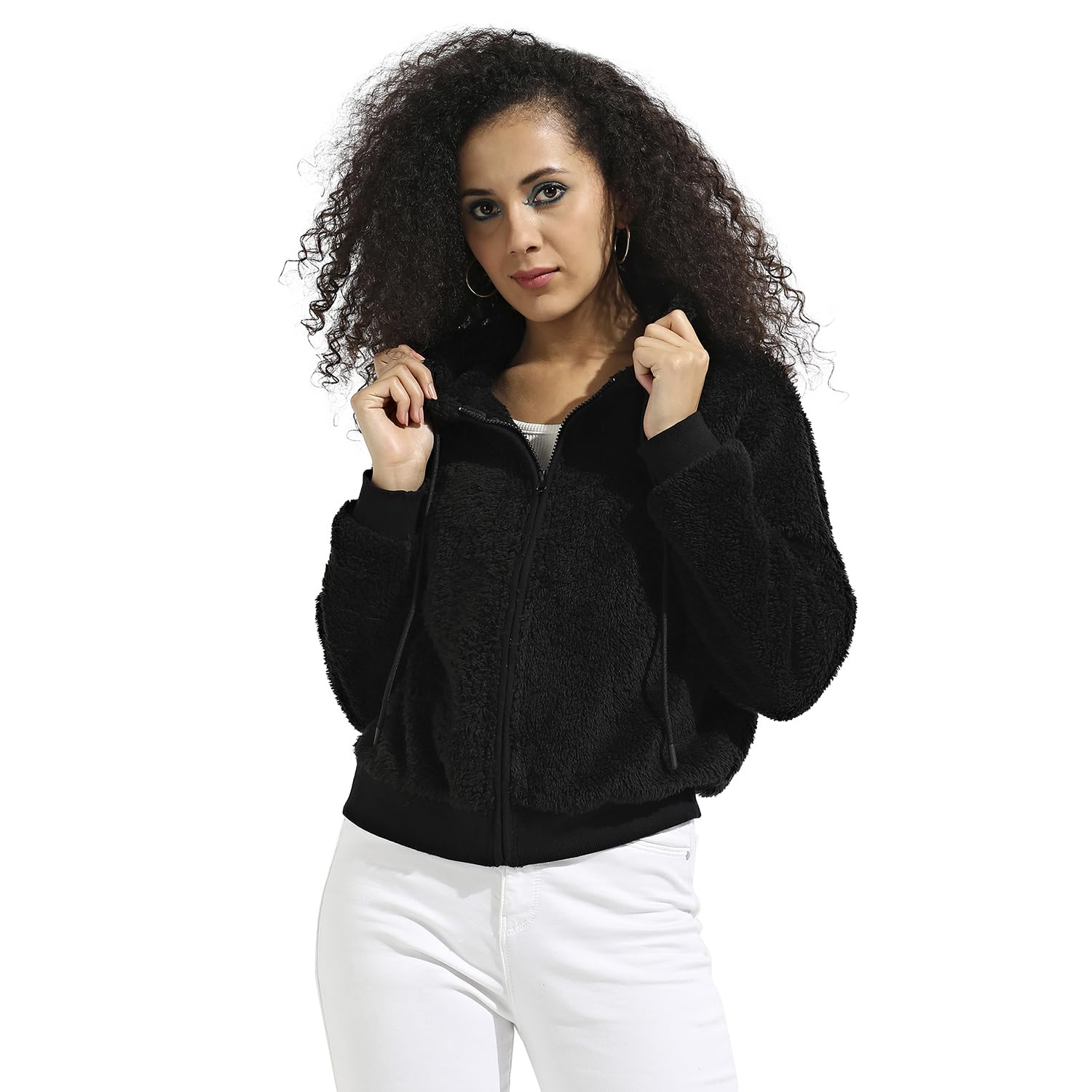 Campus Sutra Womens Black Fleece Hoodie with Zip-Closure for Casual Wear | Hooded Neck | Long Sleeve | Zipper Closure | Cotton