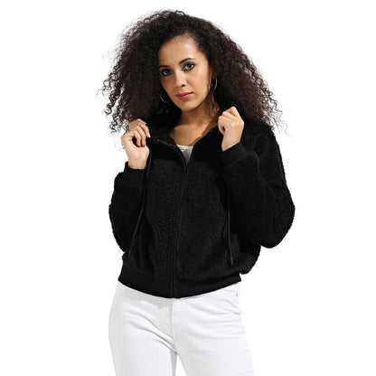Campus Sutra Womens Black Fleece Hoodie with Zip-Closure for Casual Wear | Hooded Neck | Long Sleeve | Zipper Closure | Cotton