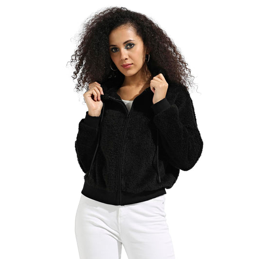 Campus Sutra Womens Black Fleece Hoodie with Zip-Closure for Casual Wear | Hooded Neck | Long Sleeve | Zipper Closure | Cotton
