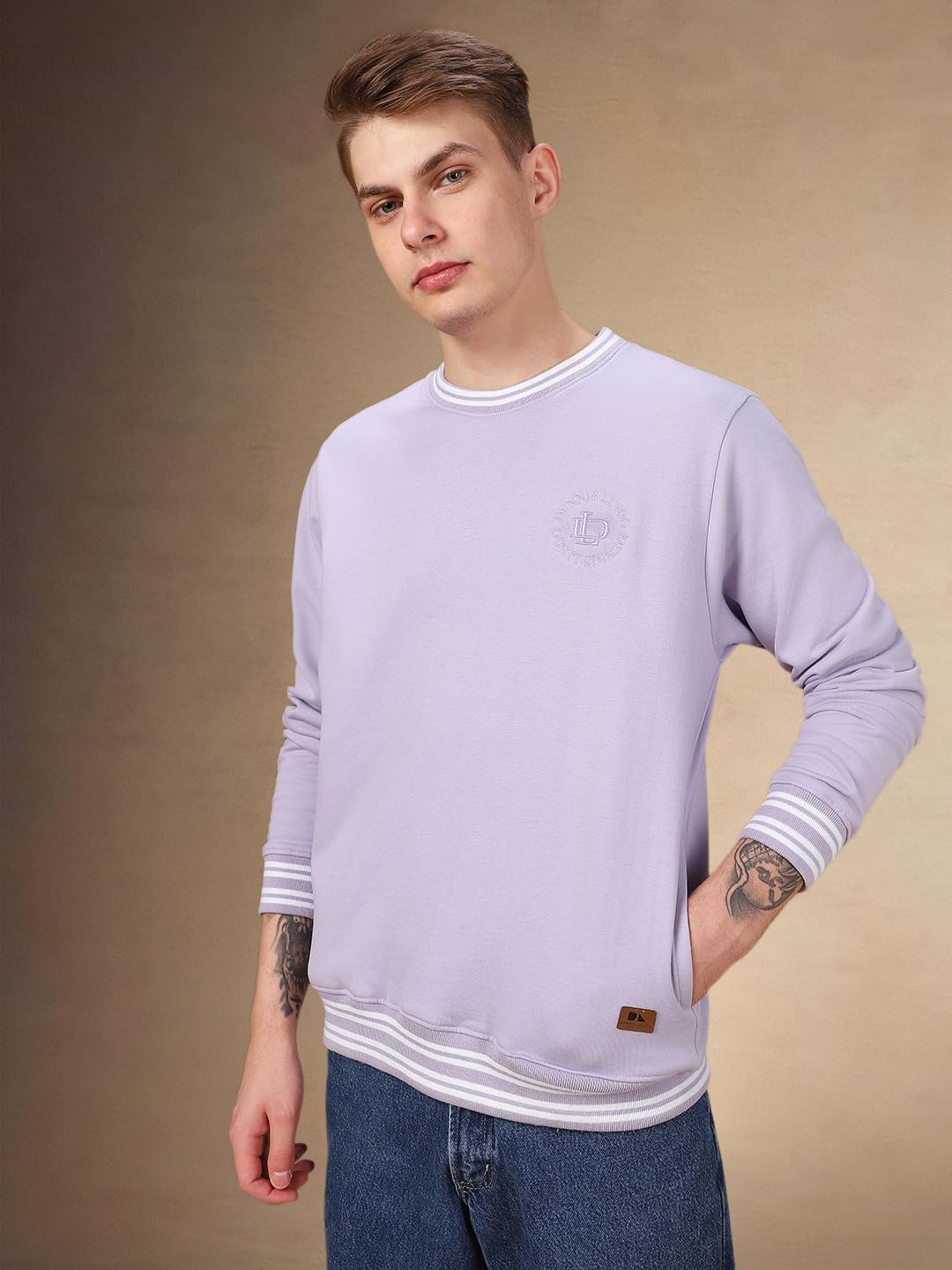 Dennis Lingo Men Solid Polycotton Regular Fit Full Sleeves Pullover Sweatshirts Lavender