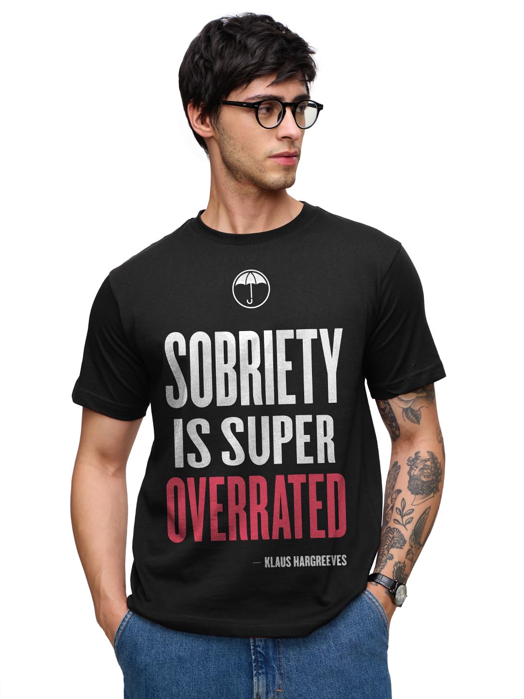 The Souled Store Umbrella Academy: Sobriety Men and Boys Short Sleeves Round Neck Black Graphic Printed Regular Fit Cotton T-Shi
