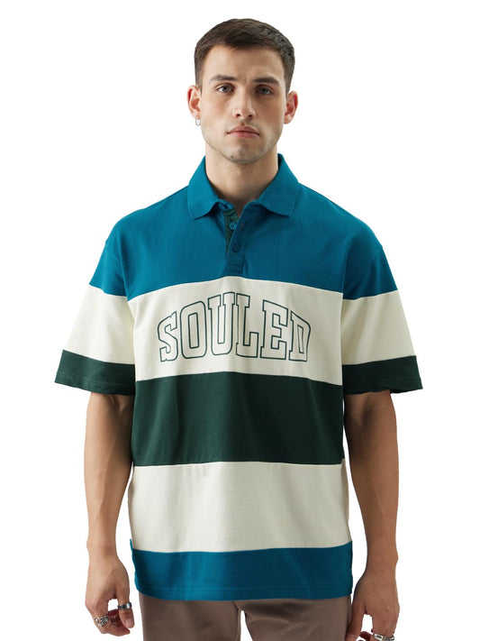 The Souled Store Horizon Stripe Men and Boys Oversize Fit Half Sleeve Colorblock Cotton Multicolor Polos