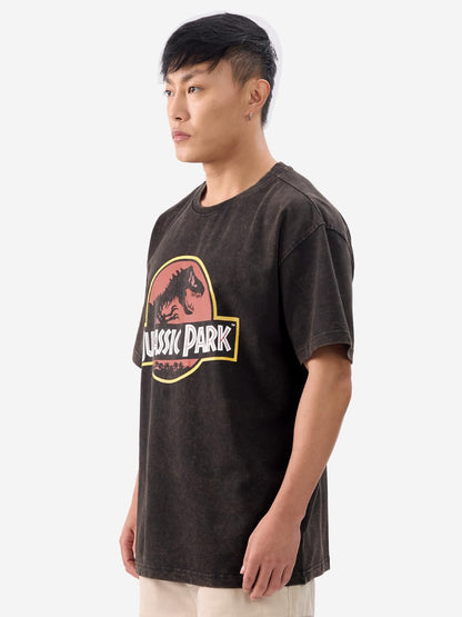 The Souled Store Official Jurassic Park: Logo Vintage Wash Men and Boys Short Sleeves Round Neck Black Graphic Printed Cotton Ov