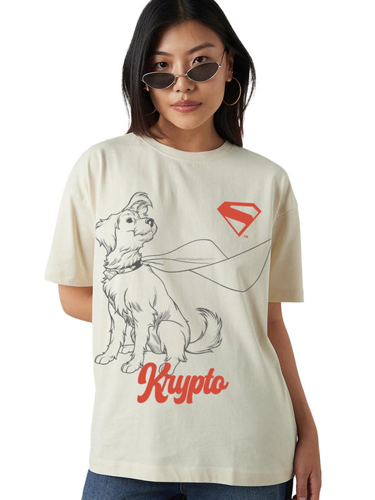 Bewakoof Official Dc Merchandise Superman Womens Graphic Print Oversized Fit Half Sleeve Round Neck Cotton T-Shirt_683832_Beige